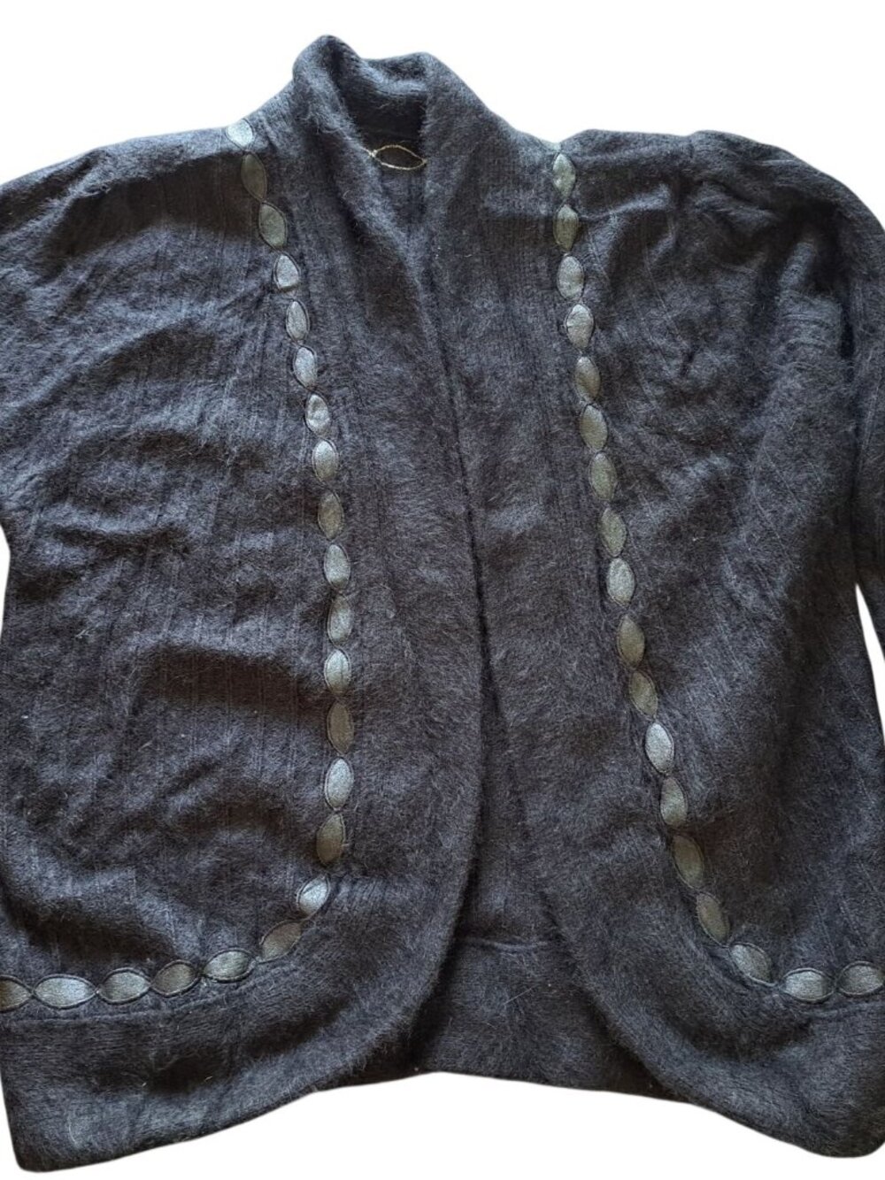 Black Gray Open-Front Knit Cardigan Embroidered Long Sleeves Soft Cozy Women's M